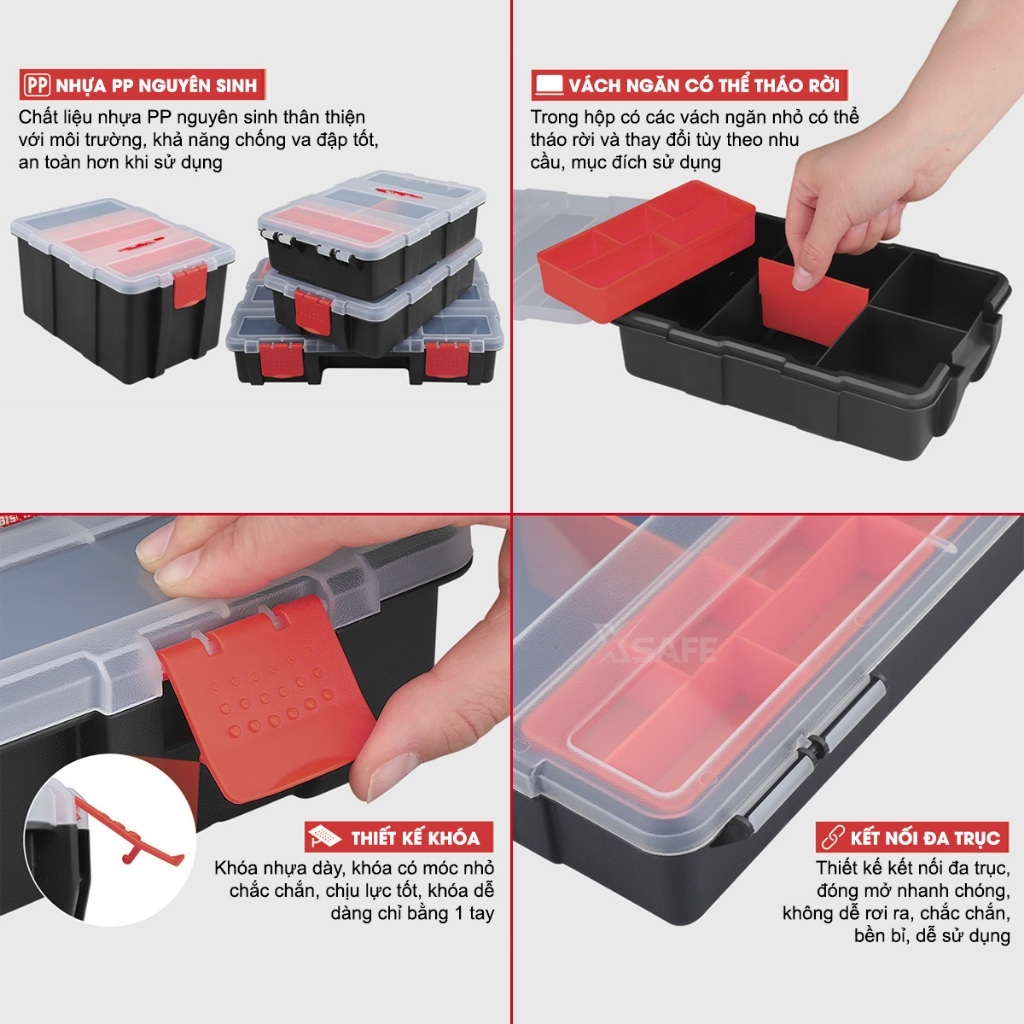 Bộ hộp đựng linh kiện Bison 4 trong 1 nhiều ngăn tiện dụng, dùng đựng ốc vít mũi khoan linh kiện điện tử thủ công câu cá