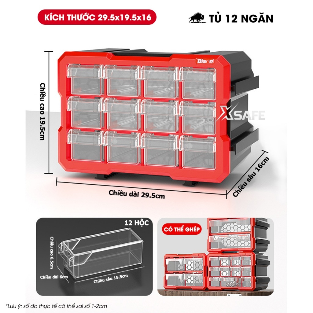 Hộp đựng linh kiện Bison nhiều ngăn có ghép nối Tủ nhựa nguyên sinh chắc chắn, dùng đựng đinh, ốc vít, linh kiện điện tử