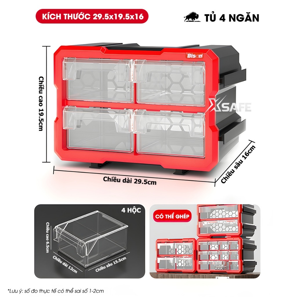 Hộp đựng linh kiện Bison nhiều ngăn có ghép nối Tủ nhựa nguyên sinh chắc chắn, dùng đựng đinh, ốc vít, linh kiện điện tử