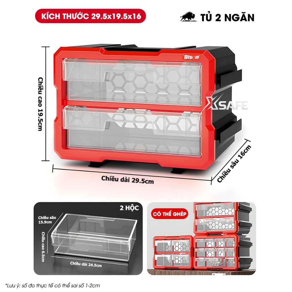 Hộp đựng linh kiện Bison nhiều ngăn có ghép nối Tủ nhựa nguyên sinh chắc chắn, dùng đựng đinh, ốc vít, linh kiện điện tử