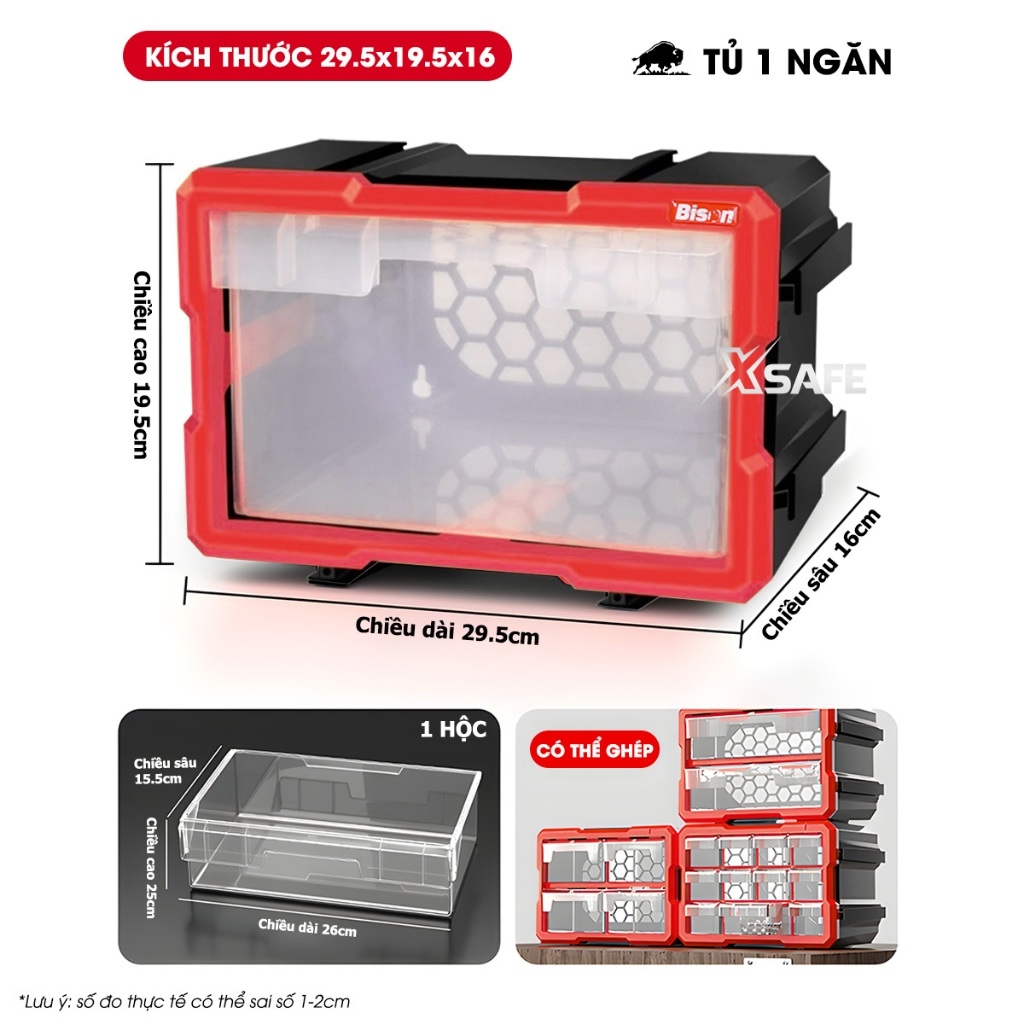 Hộp đựng linh kiện Bison nhiều ngăn có ghép nối Tủ nhựa nguyên sinh chắc chắn, dùng đựng đinh, ốc vít, linh kiện điện tử