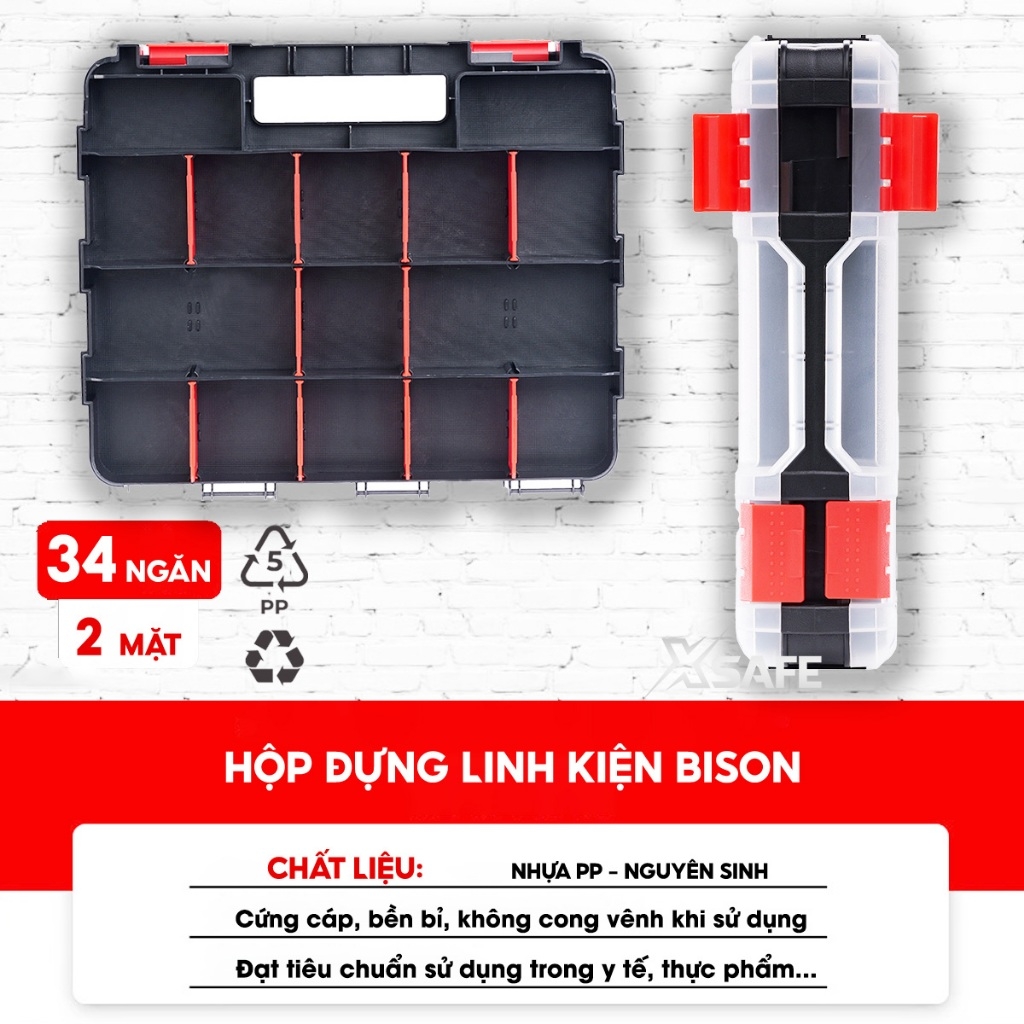 Hộp đựng nhựa linh kiện 2 mặt Bison BS322887 nhiều ngăn chứa, 34 ngăn, vách ngăn có thể tháo rời