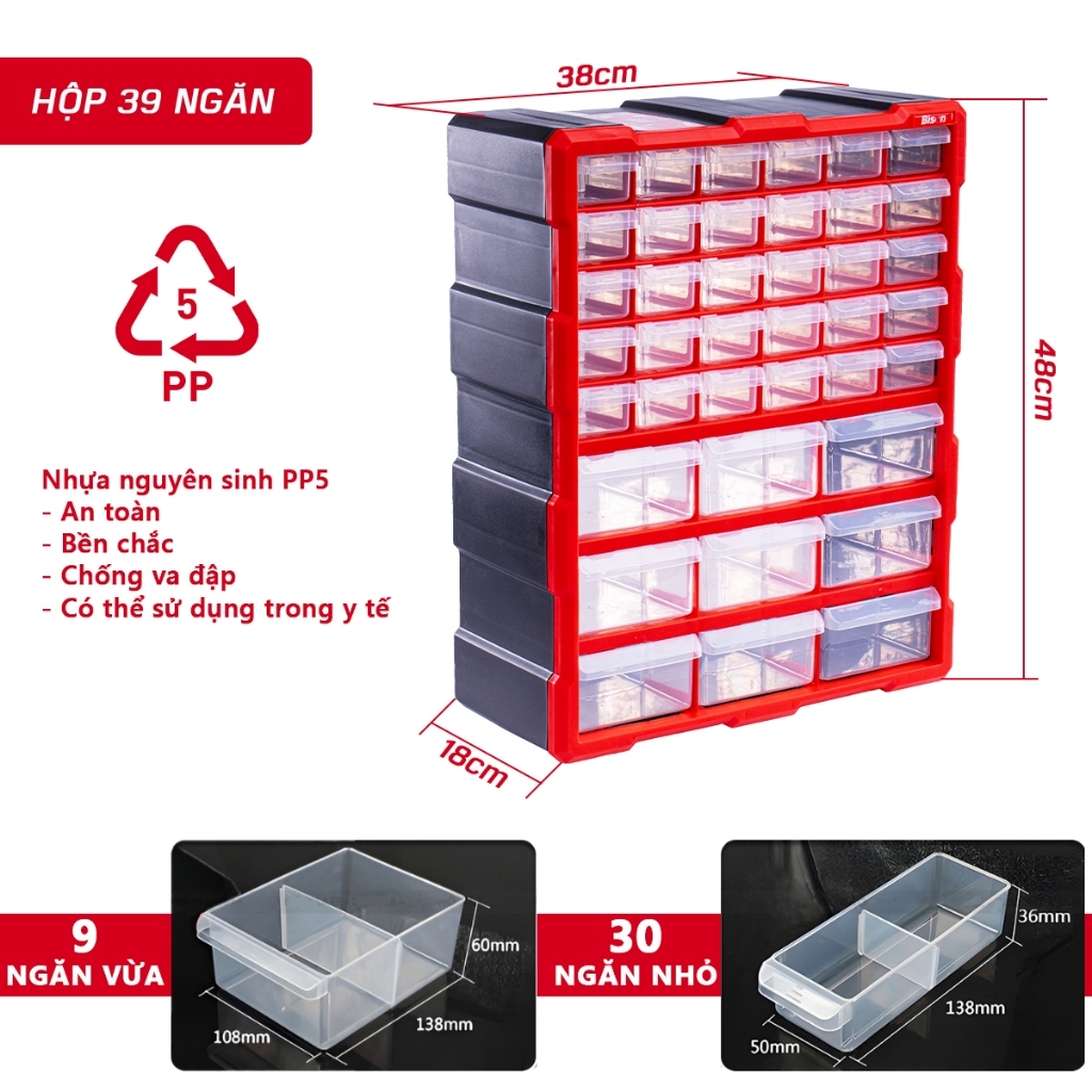 Tủ nhựa đựng linh kiện nhiều ngăn Bison tổng 39 ngăn tiện lợi, nhựa PP nguyên sinh, dùng đựng ốc vít linh kiện điện tử