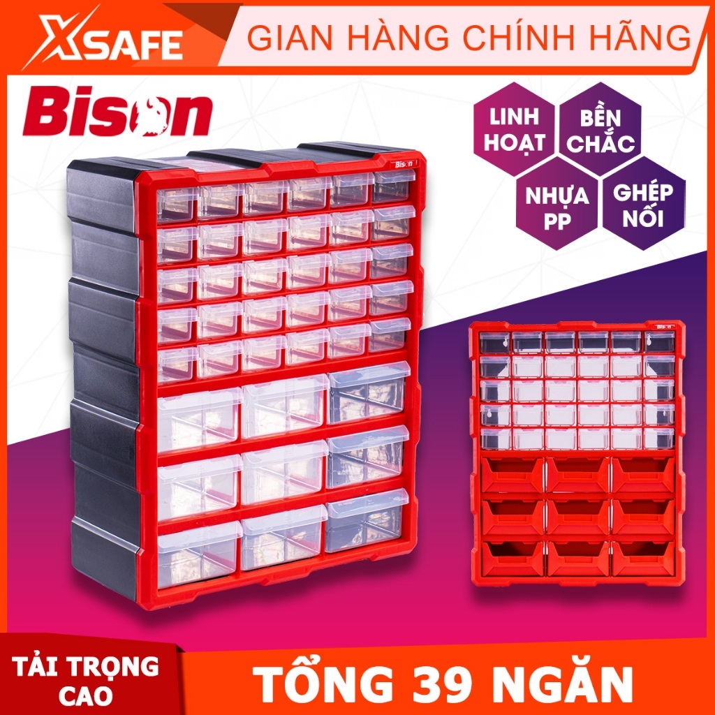 Tủ nhựa đựng linh kiện nhiều ngăn Bison tổng 39 ngăn tiện lợi, nhựa PP nguyên sinh, dùng đựng ốc vít linh kiện điện tử
