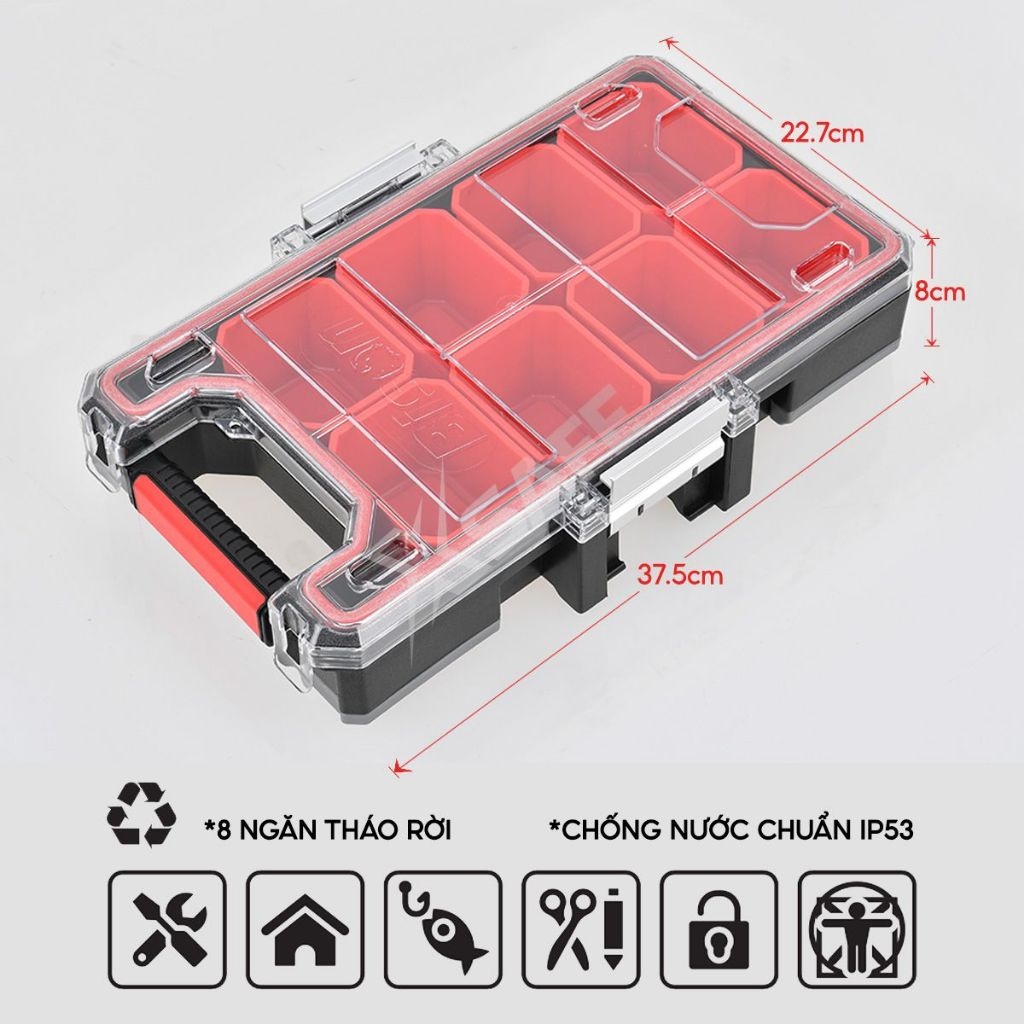 Hộp nhựa đựng linh kiện chống nước chuẩn IP53 Bison 8 ngăn chứa có thể tháo rời, khóa nhôm chịu lực