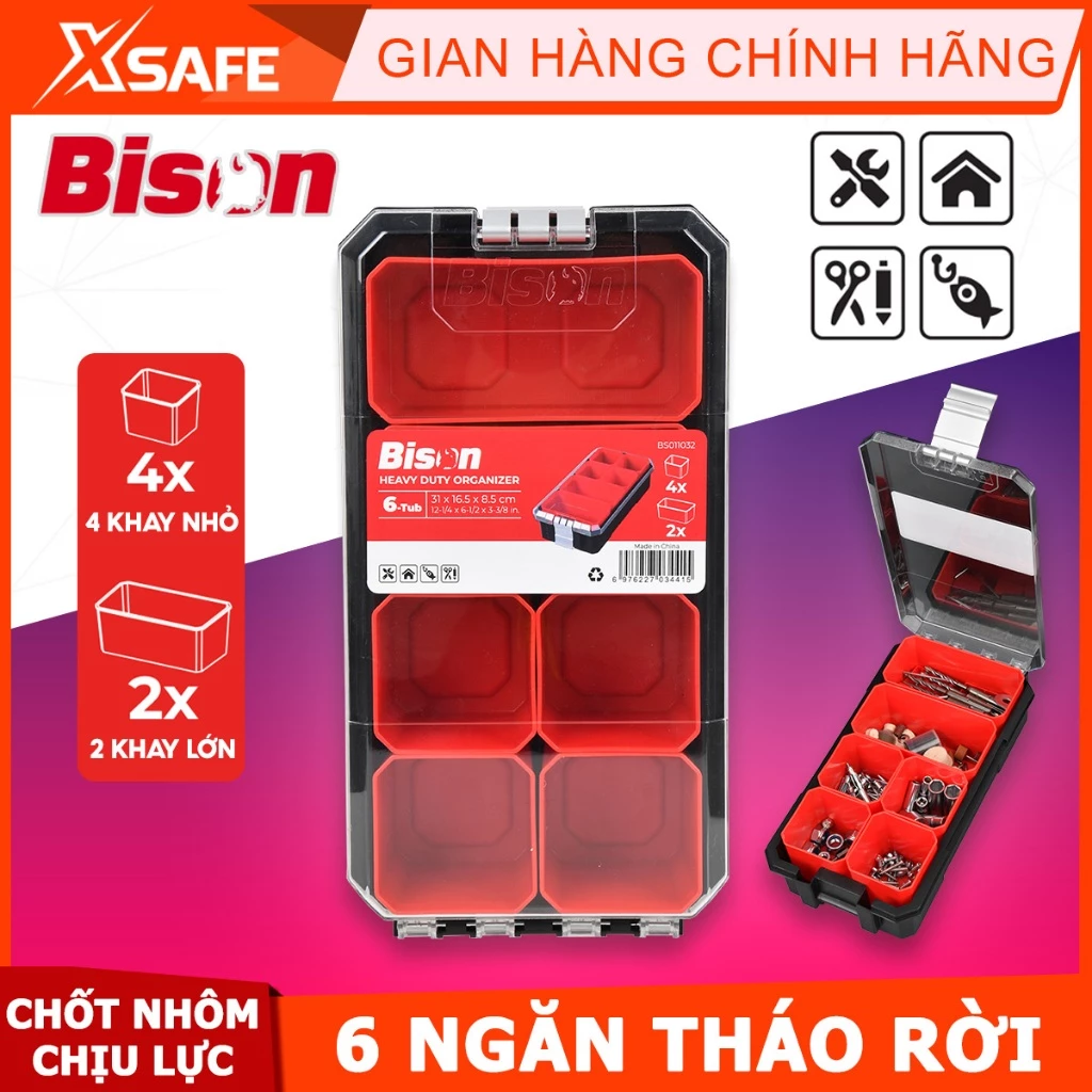 Hộp nhựa đựng linh kiện chống nước chuẩn IP53 Bison 8 ngăn chứa có thể tháo rời, khóa nhôm chịu lực