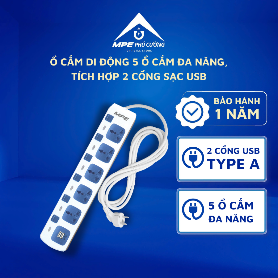 AM5S-2USB - Ổ cắm di động gồm 5 ổ cắm đơn đa năng + 2 ổ cắm sạc USB