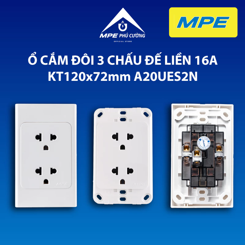 A20UES2N - Ổ cắm đôi 3 chấu đế liền 16A