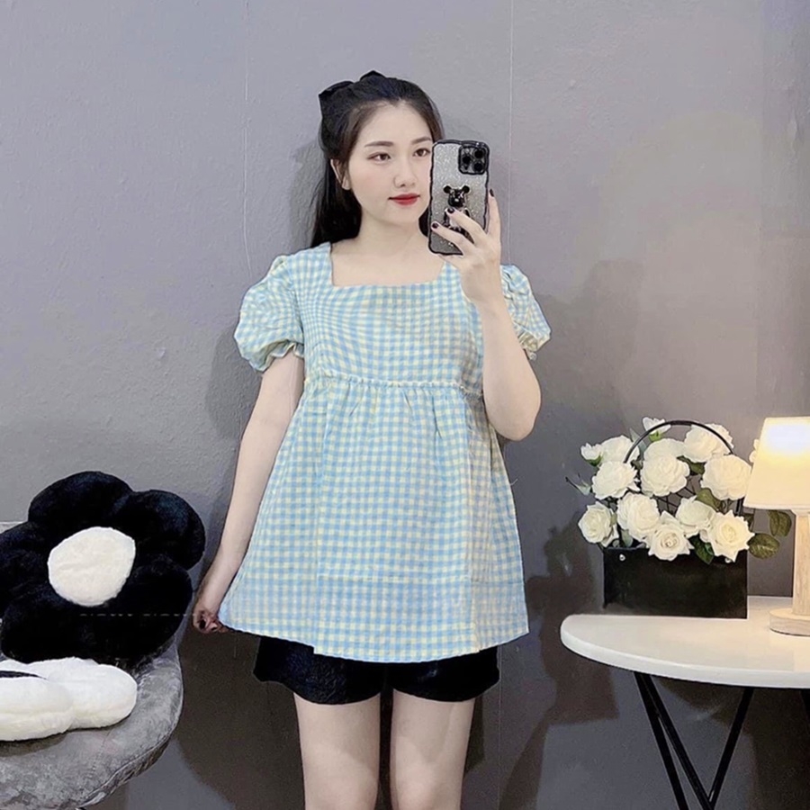 Áo bầu babydoll cho mẹ, mẫu kẻ hồng trẻ trung xinh xắn, cổ vuông, dây buộc nơ dễ thương