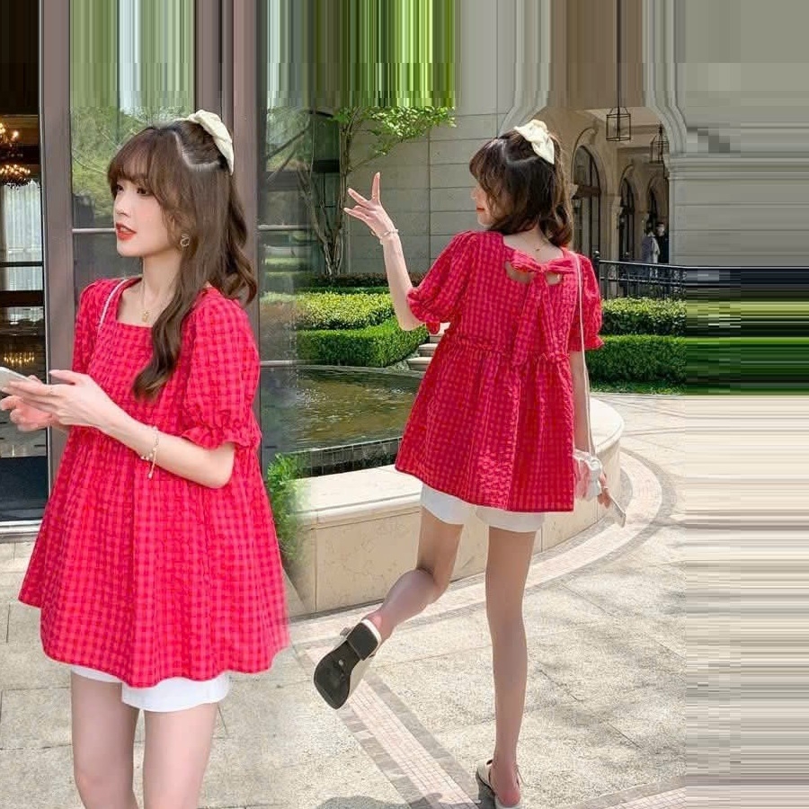 Áo bầu babydoll cho mẹ, mẫu kẻ hồng trẻ trung xinh xắn, cổ vuông, dây buộc nơ dễ thương