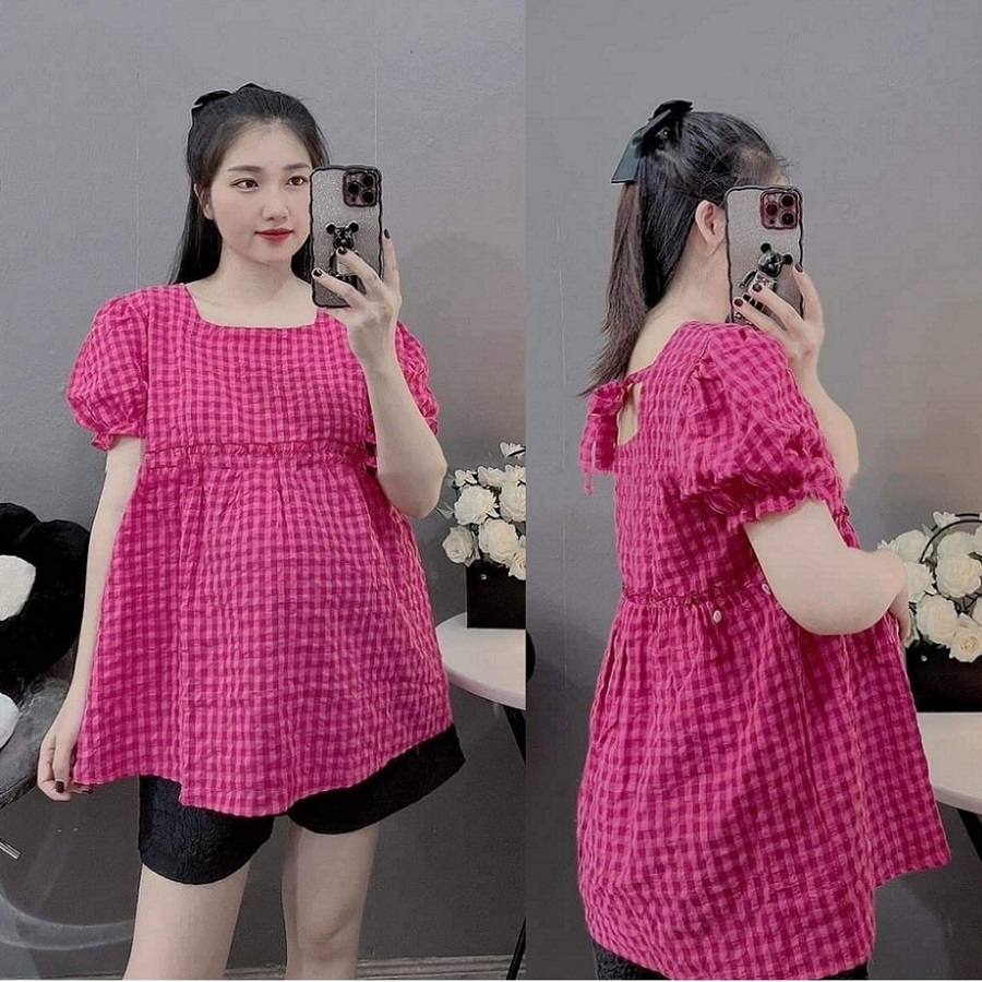 Áo bầu babydoll cho mẹ, mẫu kẻ hồng trẻ trung xinh xắn, cổ vuông, dây buộc nơ dễ thương