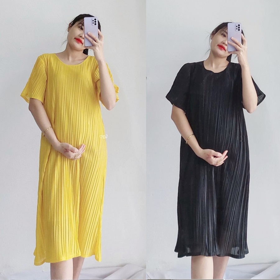 Đầm bầu xếp ly - Váy 2 lớp kín đáo - Chất voan lụa mềm, nhẹ, mát.