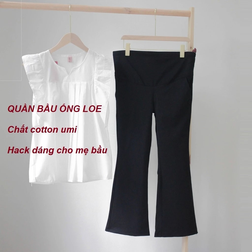 Quần bầu ống loe công sở, phong cách Hàn trẻ trung, vải Cotton umi co giãn 4 chiều thoải mái cho mẹ bầu
