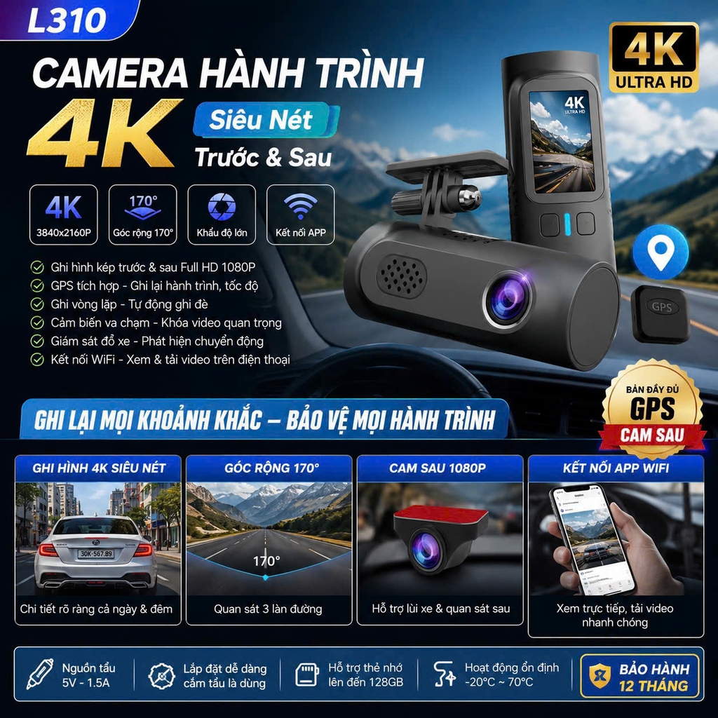 Camera Hành Trình Xe Hơi L310 4K Trước Và Sau Full HD 1080P, Góc Rộng 170 Độ, Khẩu Độ Lớn Ghi Đêm Siêu Nét