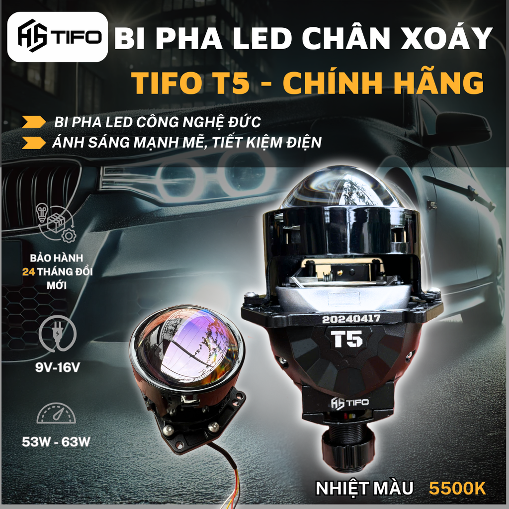 Bi pha led chân xoáy chính hãng   TIFO T5 [BẢO HÀNH 02 NĂM] điện áp 12v hoặc 24v