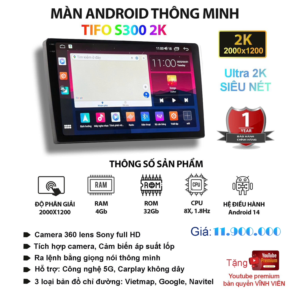 🌟 Màn Android Ô Tô Thông Minh TIFO S300 2K – Chuẩn Ultra 2K Siêu Nét, Đỉnh Cao Trải Nghiệm Lái Xe