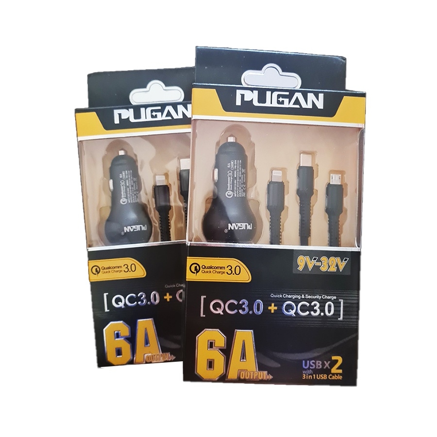 Tẩu sạc điện thoại siêu nhanh kèm dây sạc 3 đầu cắm ô tô PUGAN 6A QC 3.0