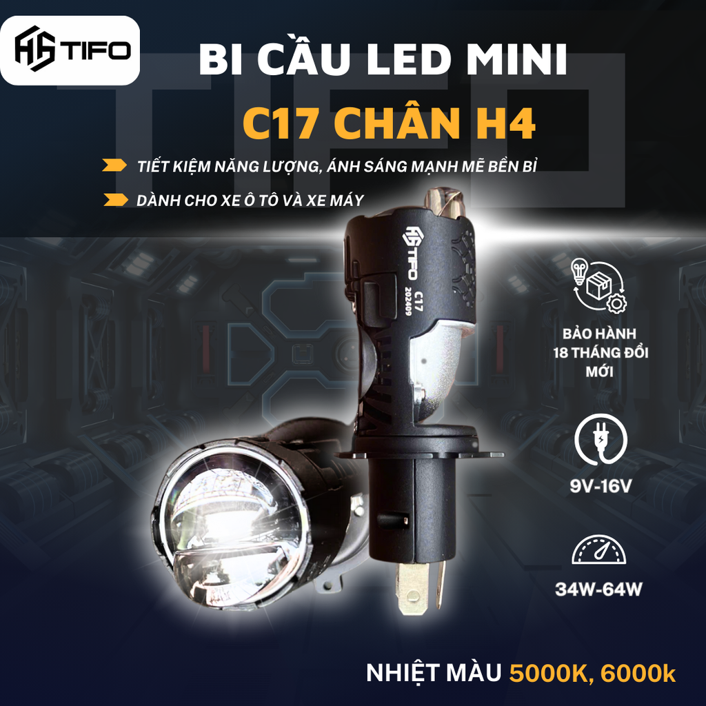 Bi Cầu led mini chính hãng TIFO C17 chân H4 chuyên dùng cho ô tô , xe máy