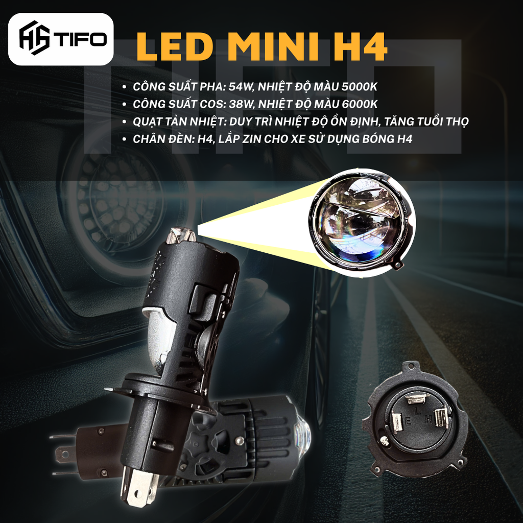 Bi Cầu led mini chính hãng TIFO C17 chân H4 chuyên dùng cho ô tô , xe máy