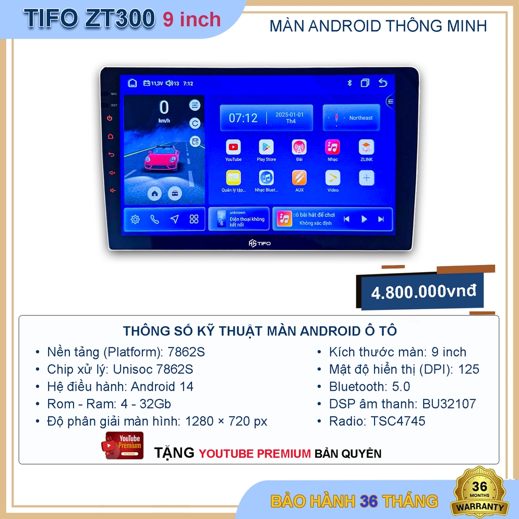Màn Android TIFO ZT300 9 Inch 4GB/32GB Android 14