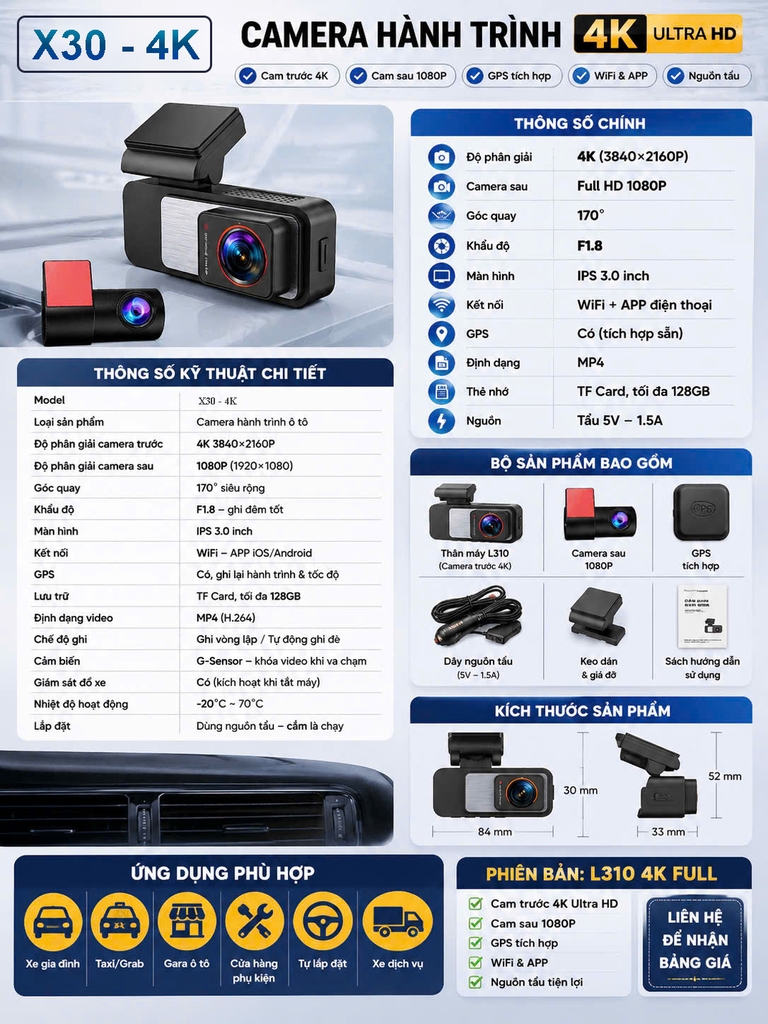 Camera Hành Trình Ô Tô X30 - 4K Ultra HD  Ghi Hình Trước Sau, Tích Hợp GPS Tốc Độ, Kết Nối Wifi Điện Thoại