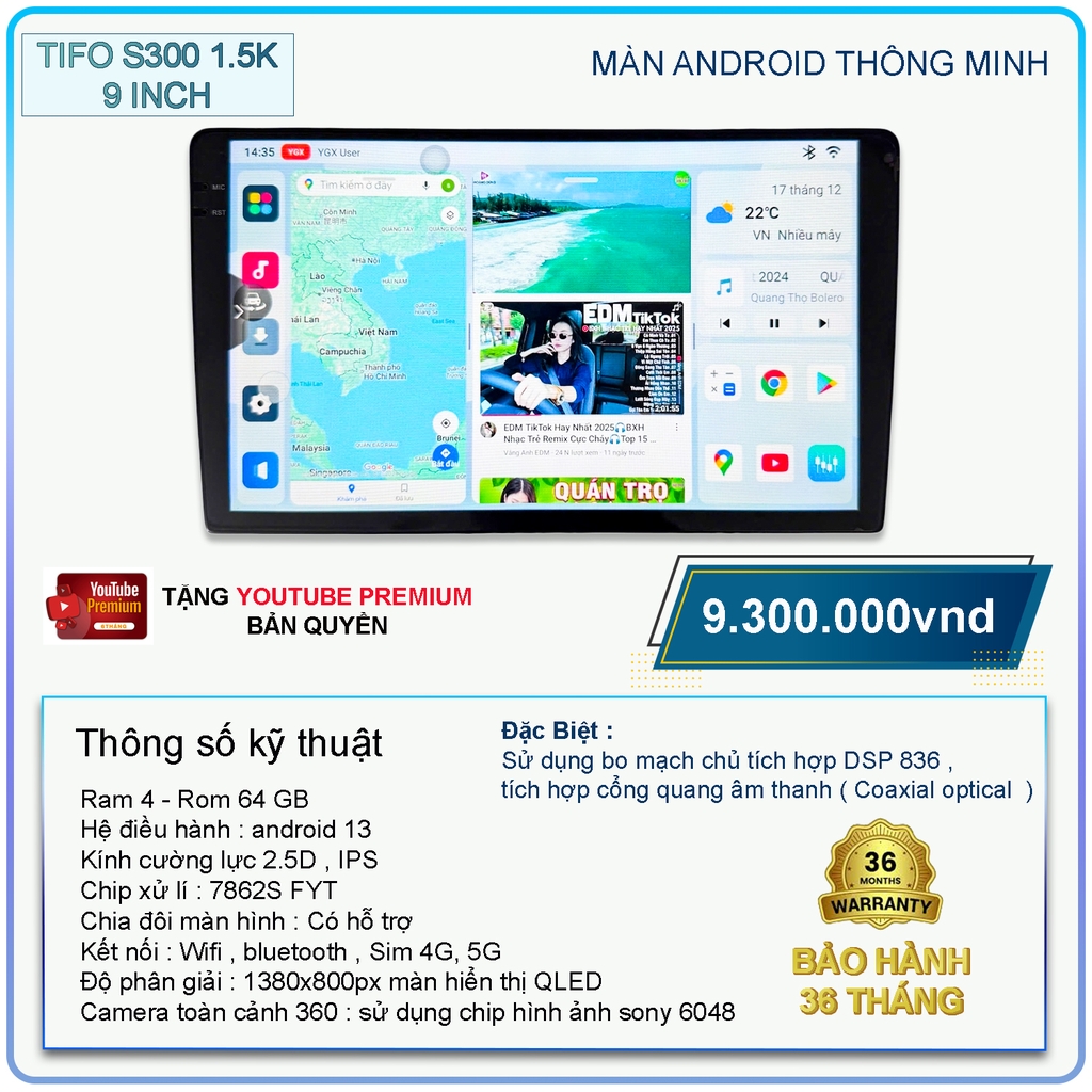 Màn Android ô tô TIFO S300 1.5K 9 inch | 4GB/64GB | Android 13
