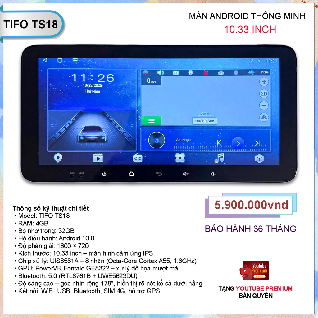 Màn Hình Android Ô Tô TIFO TS18 10.33 Inch – Cảm Ứng IPS, RAM 4GB, ROM 32GB, Hỗ Trợ SIM 4G, GPS, YouTube Premium