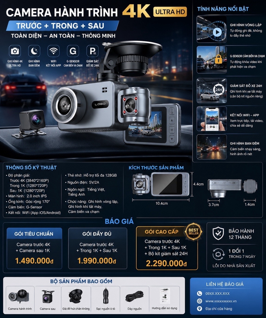 Camera Hành Trình M3 chất lượng hình ảnh  4K 3 Mắt Trước Trong Sau Wifi App