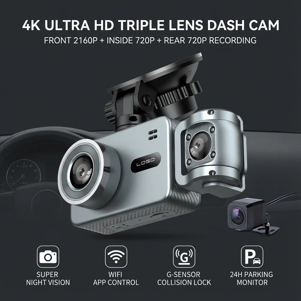 Camera Hành Trình M3 chất lượng hình ảnh  4K 3 Mắt Trước Trong Sau Wifi App