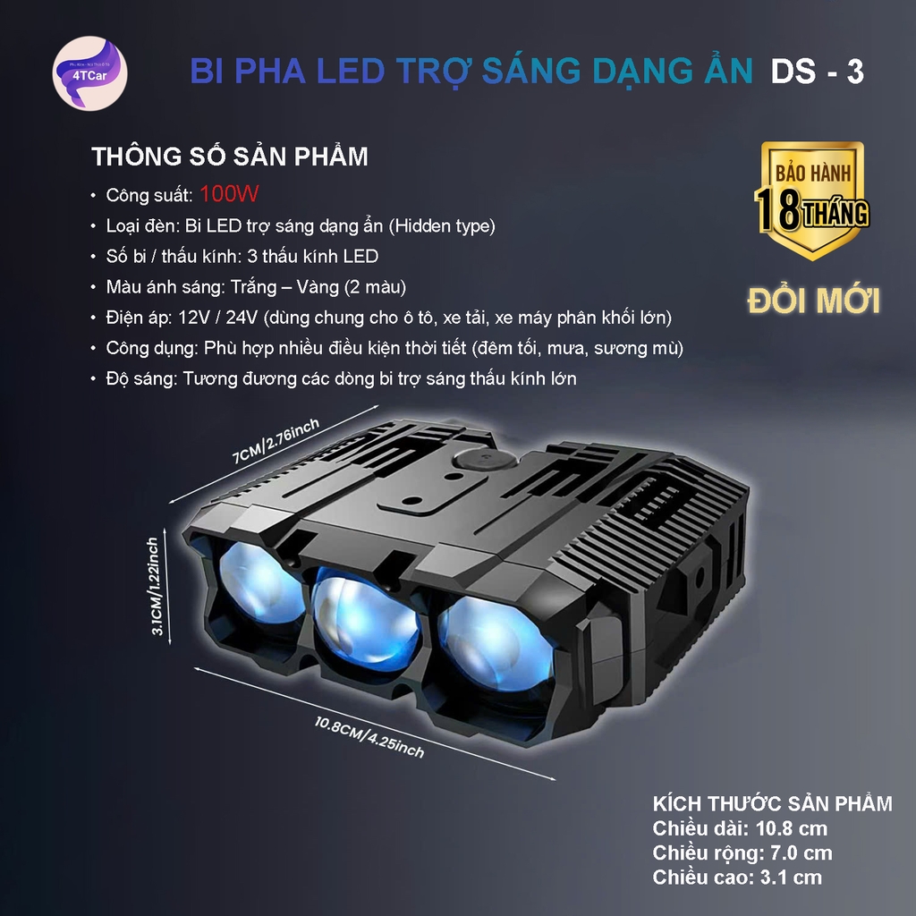 Bi LED Trợ Sáng Ẩn 3 Bóng 100W – Đèn Trợ Sáng Ô Tô 2 Màu Trắng/Vàng, 12V/24V, Lắp Âm Cản