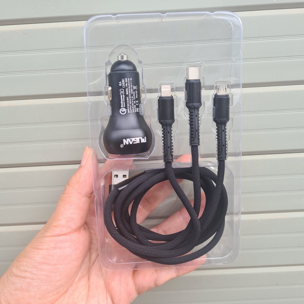 Tẩu sạc điện thoại siêu nhanh kèm dây sạc 3 đầu cắm ô tô PUGAN 6A QC 3.0