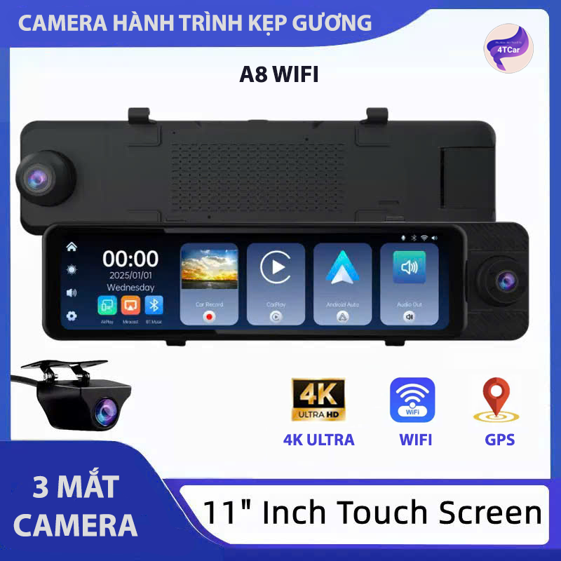 Camera Hành Trình Kẹp Gương A8 WiFi hình ảnh 4K: Ghi Hình 3 Mắt 4K,Hỗ Trợ CarPlay Không Dây
