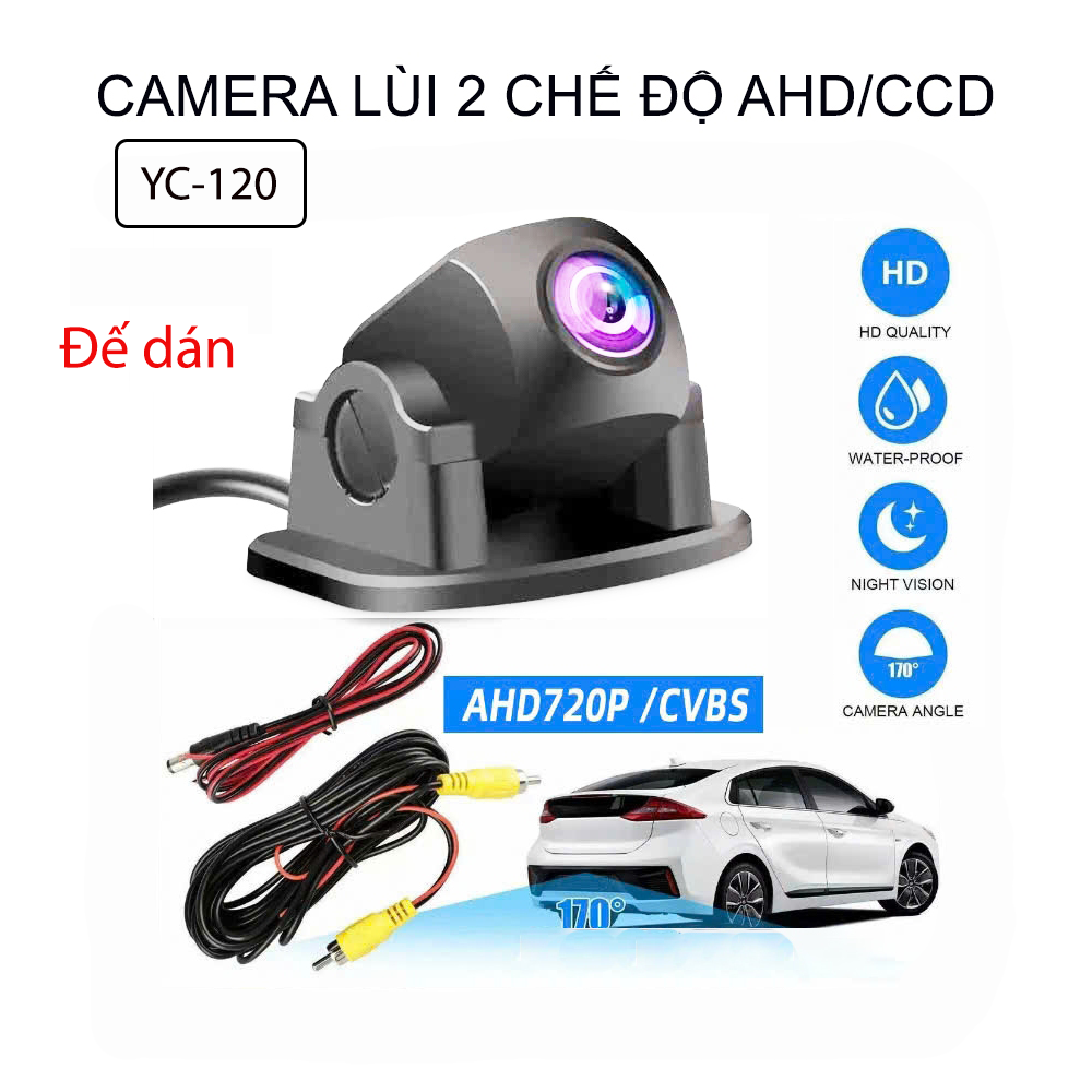 Camera lùi đế dán AHD720P – 2 chế độ AHD/CCD – Chống nước – Hỗ trợ nhìn đêm – Góc 170°