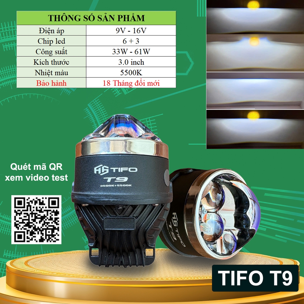 Bi gầm led ô tô [CHÍNH HÃNG] TIFO T9, bi led tâm laser màu 5500k