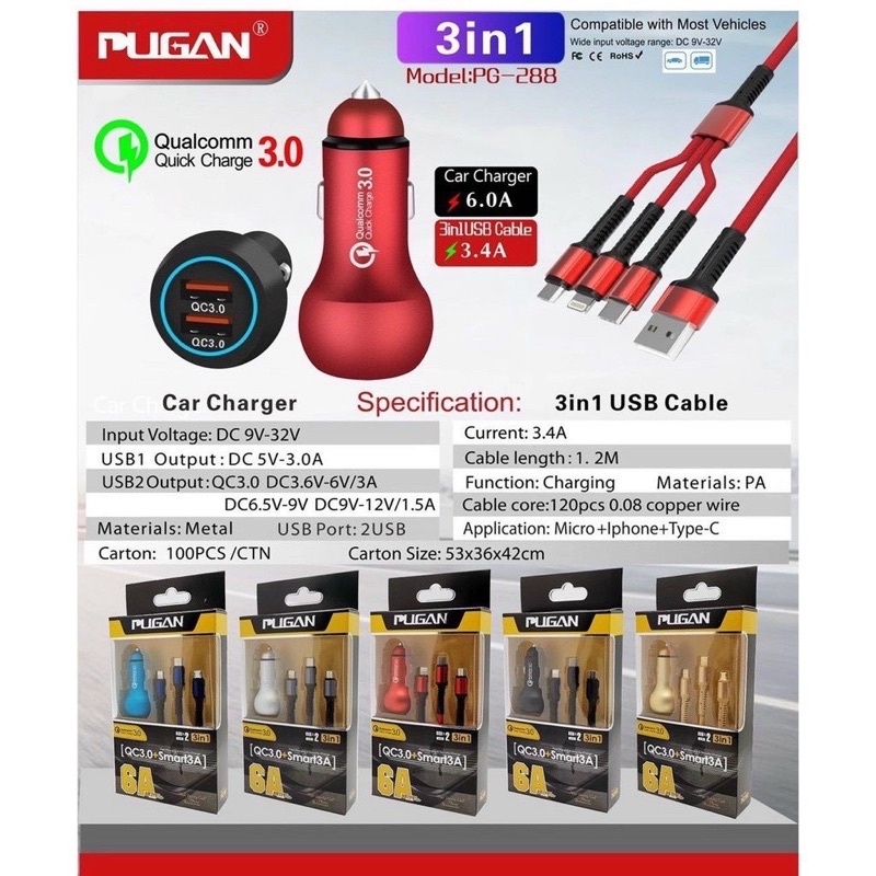 Tẩu sạc điện thoại siêu nhanh kèm dây sạc 3 đầu cắm ô tô PUGAN 6A QC 3.0