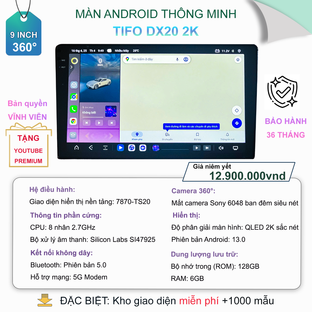 MÀN HÌNH ANDROID TIFO DX20 2K – 9 INCH – CAMERA 360