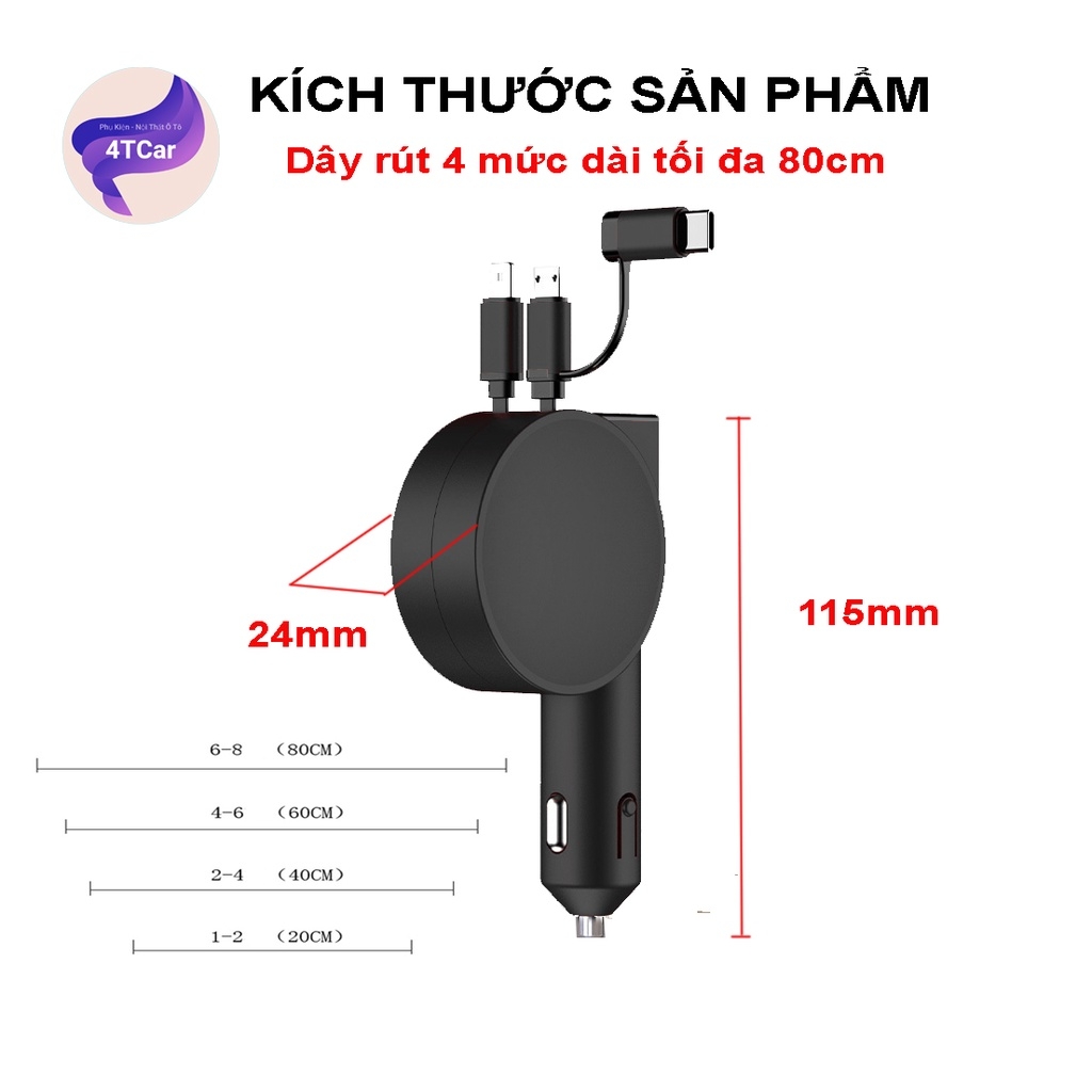 Sạc điện thoại ô tô, tẩu sạc nhanh 3 đầu dây rút gọn