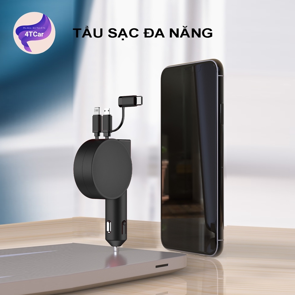 Sạc điện thoại ô tô, tẩu sạc nhanh 3 đầu dây rút gọn