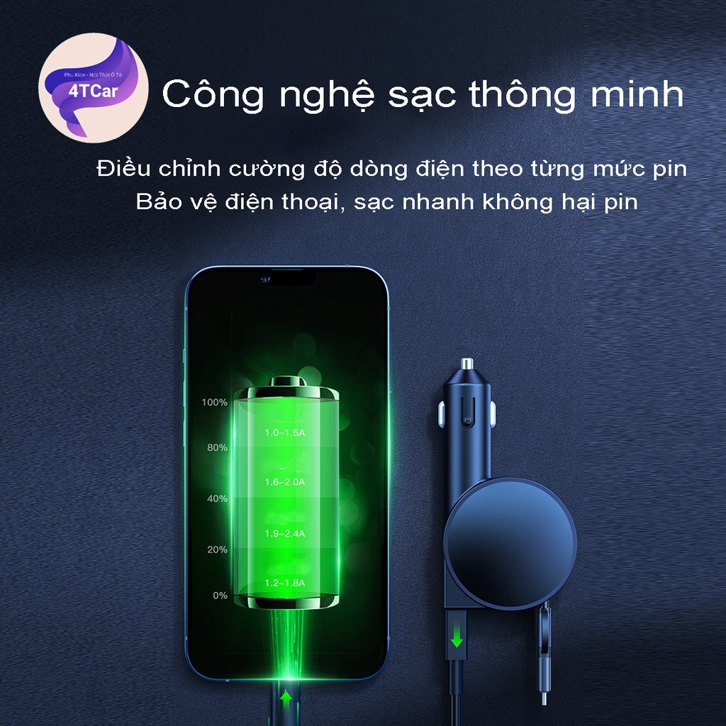 Sạc điện thoại ô tô, tẩu sạc nhanh 3 đầu dây rút gọn