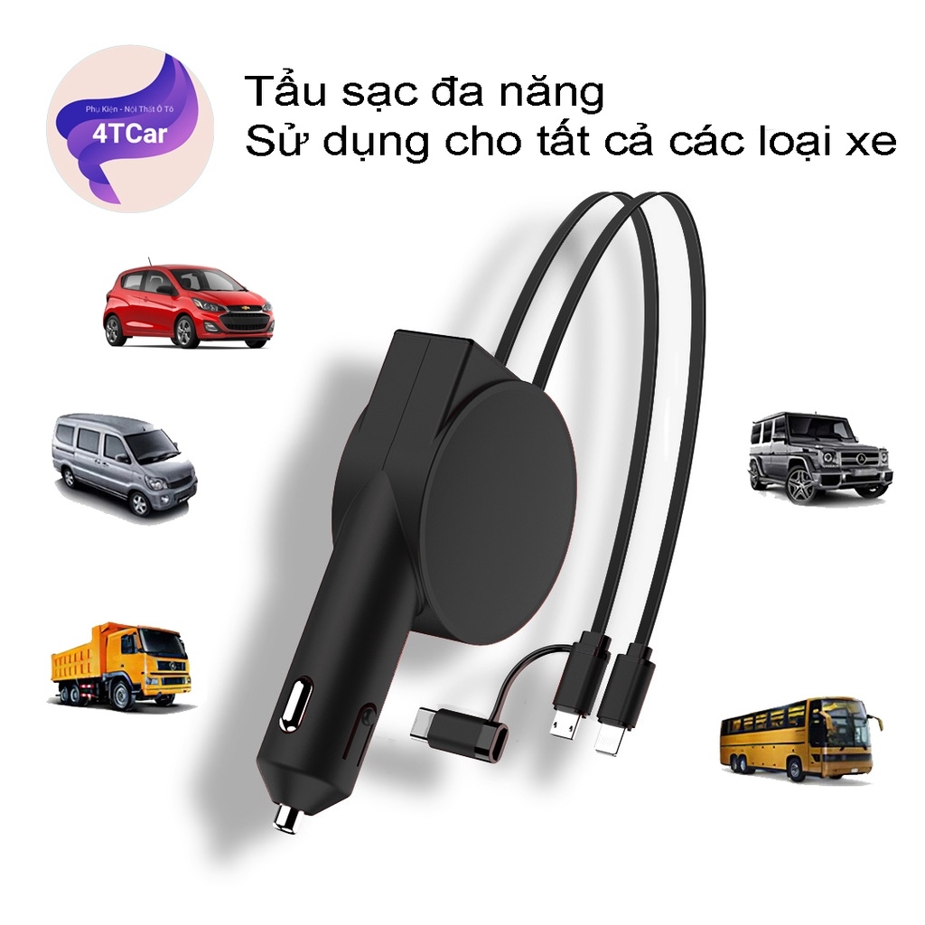Sạc điện thoại ô tô, tẩu sạc nhanh 3 đầu dây rút gọn