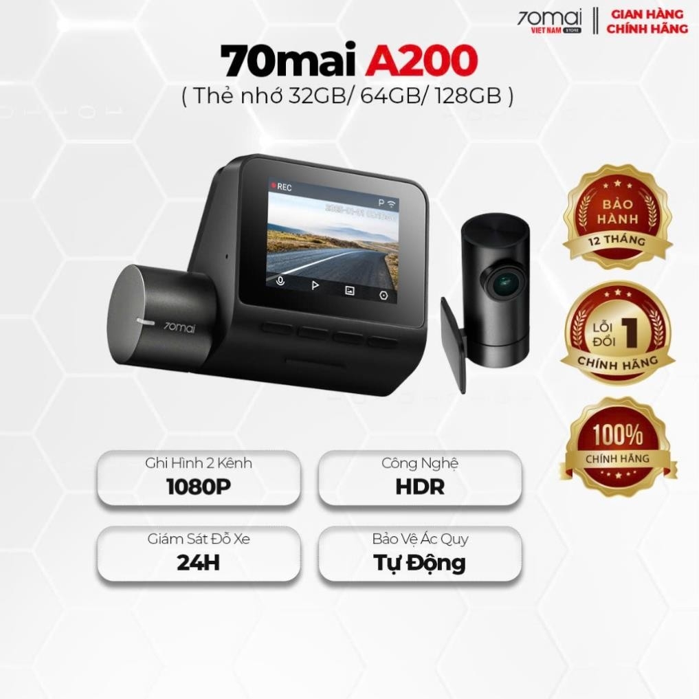 Camera hành trình 70mai A200 HDR 1080P ghi hình trước sau sắc nét, giám sát đỗ xe 24h an toàn