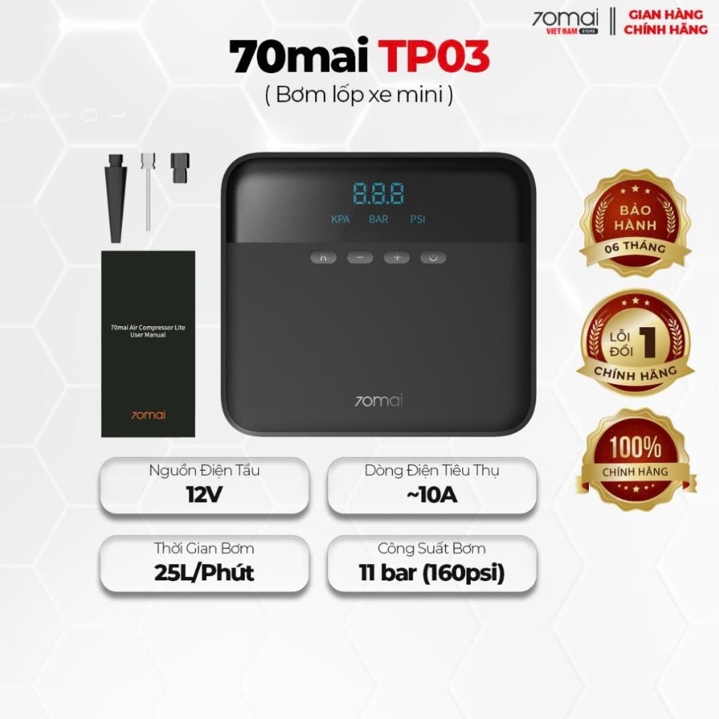 Bơm lốp ô tô 70mai TP03 chính hãng - Bơm điện tự động nhanh, phù hợp với nhiều loại lốp xe