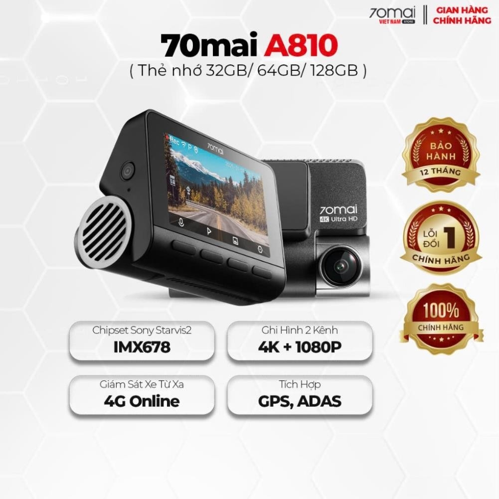 Camera hành trình 70mai A810 Ghi hình đồng thời 2 mắt trước sau, video chất lượng 4K UHD