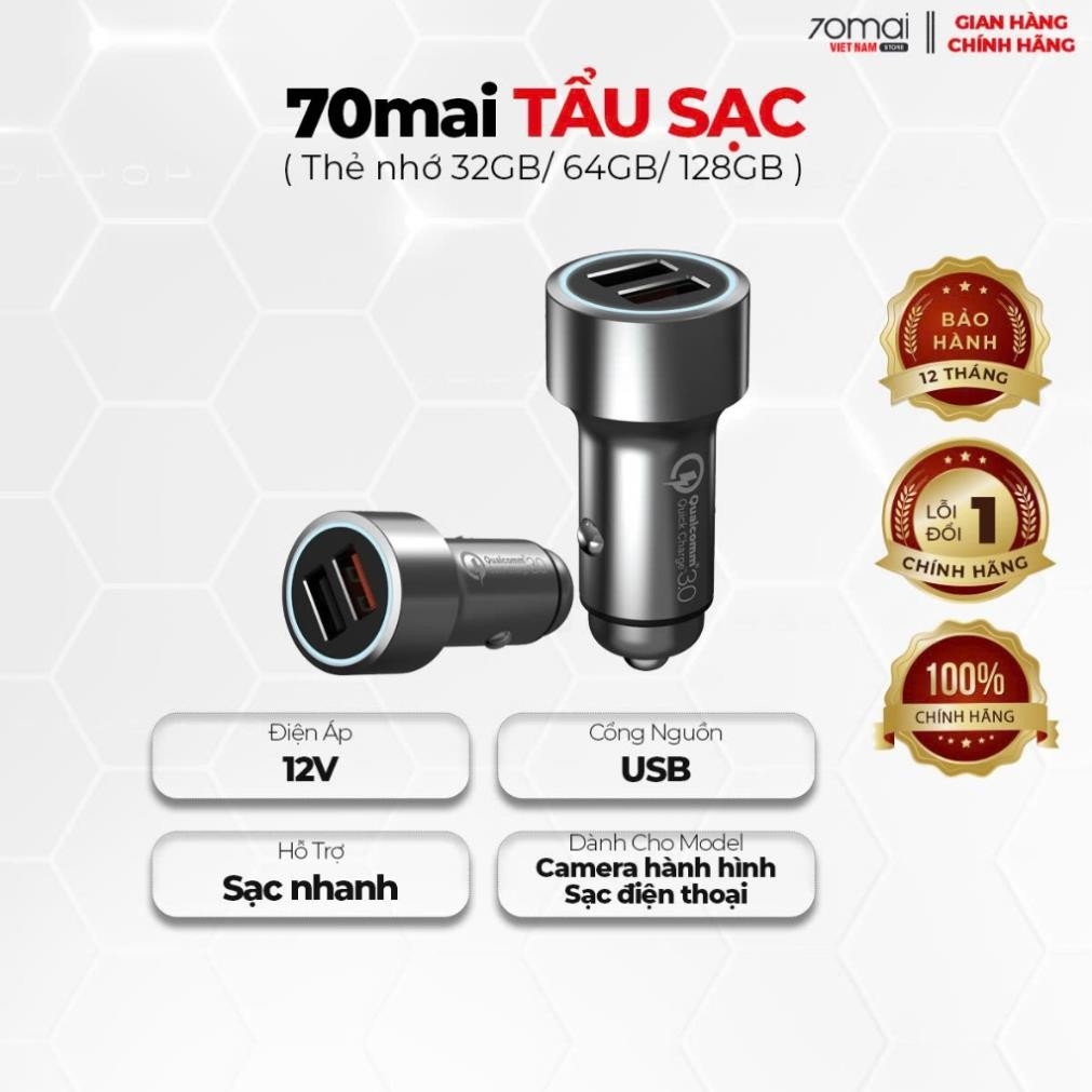 Cổng tẩu sạc USB 70mai xe hơi qua tẩu 2 cổng usb