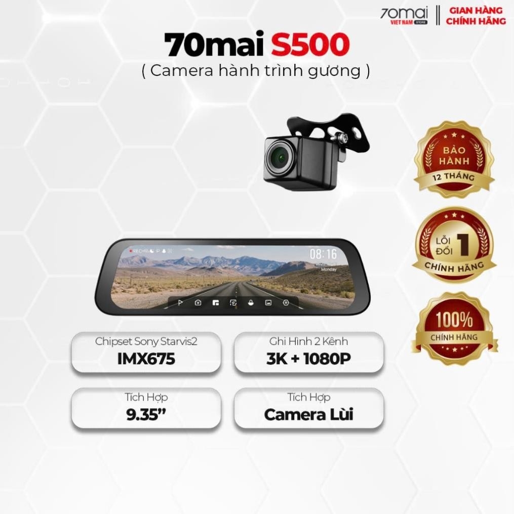 Camera hành trình gương 70mai S500 3K HDR, ghi hình 2 mắt trước sau siêu nét, giám sát đỗ xe 24h