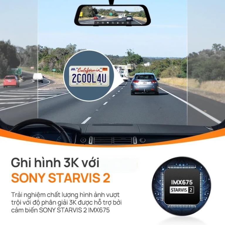 Camera hành trình gương 70mai S500 3K HDR, ghi hình 2 mắt trước sau siêu nét, giám sát đỗ xe 24h