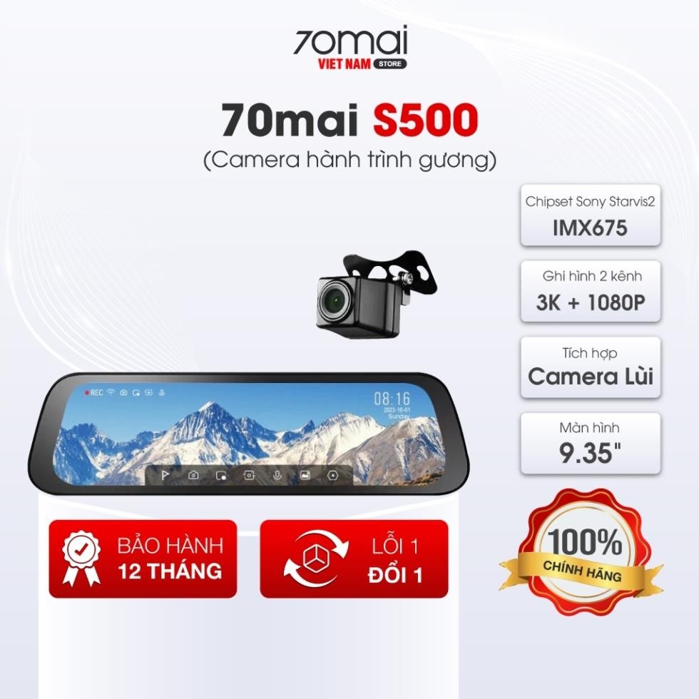 Camera hành trình gương 70mai S500 3K HDR, ghi hình 2 mắt trước sau siêu nét, giám sát đỗ xe 24h