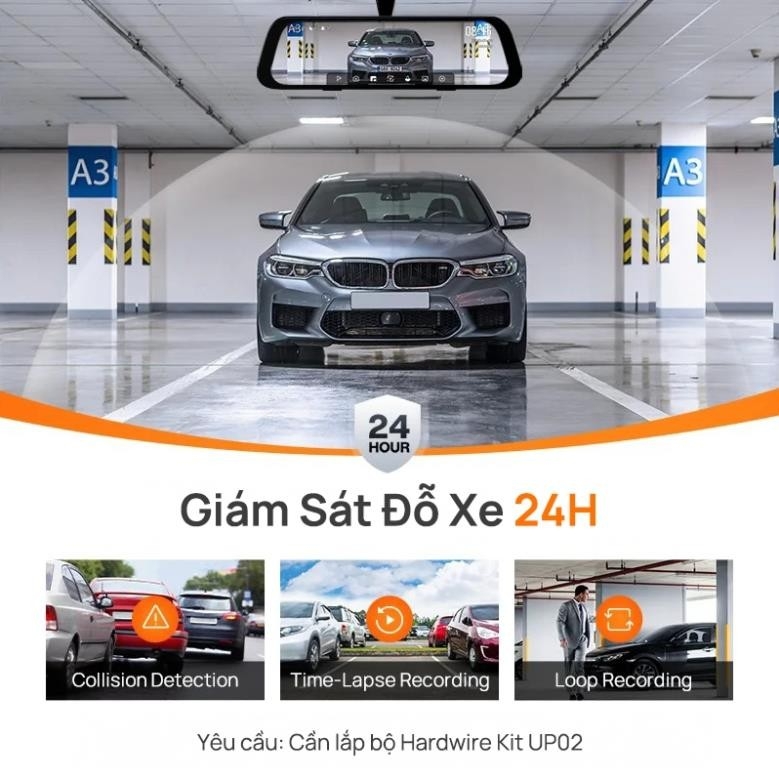 Camera hành trình gương 70mai S500 3K HDR, ghi hình 2 mắt trước sau siêu nét, giám sát đỗ xe 24h