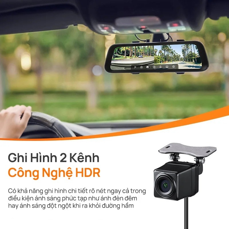 Camera hành trình gương 70mai S500 3K HDR, ghi hình 2 mắt trước sau siêu nét, giám sát đỗ xe 24h