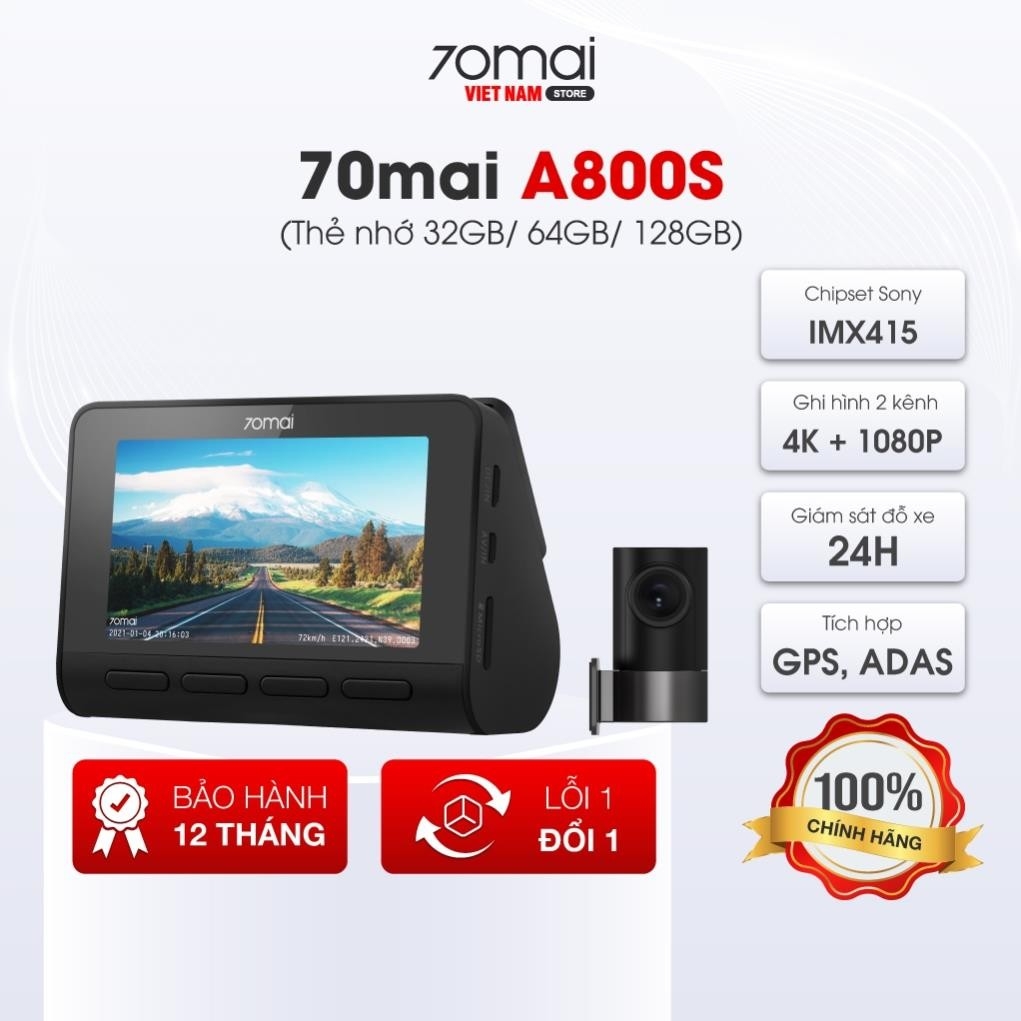 Camera hành trình 70mai A800S 4K siêu nét, ghi hình 2 mắt, bản Quốc tế chính hãng tích hợp GPS, ADAS